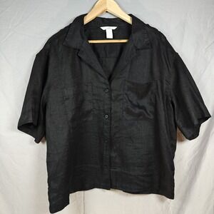 H&M NWOT Womens M Button Down‎ Linen Boxy Pocket Black Minimalist Top